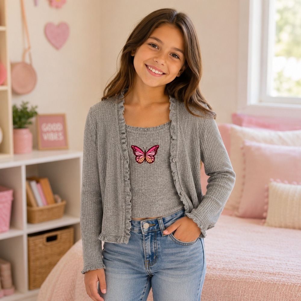 NWT Justice Girls Gray Ribbed Cardigan  Butterfly Long Sleeve Size L (10/12)